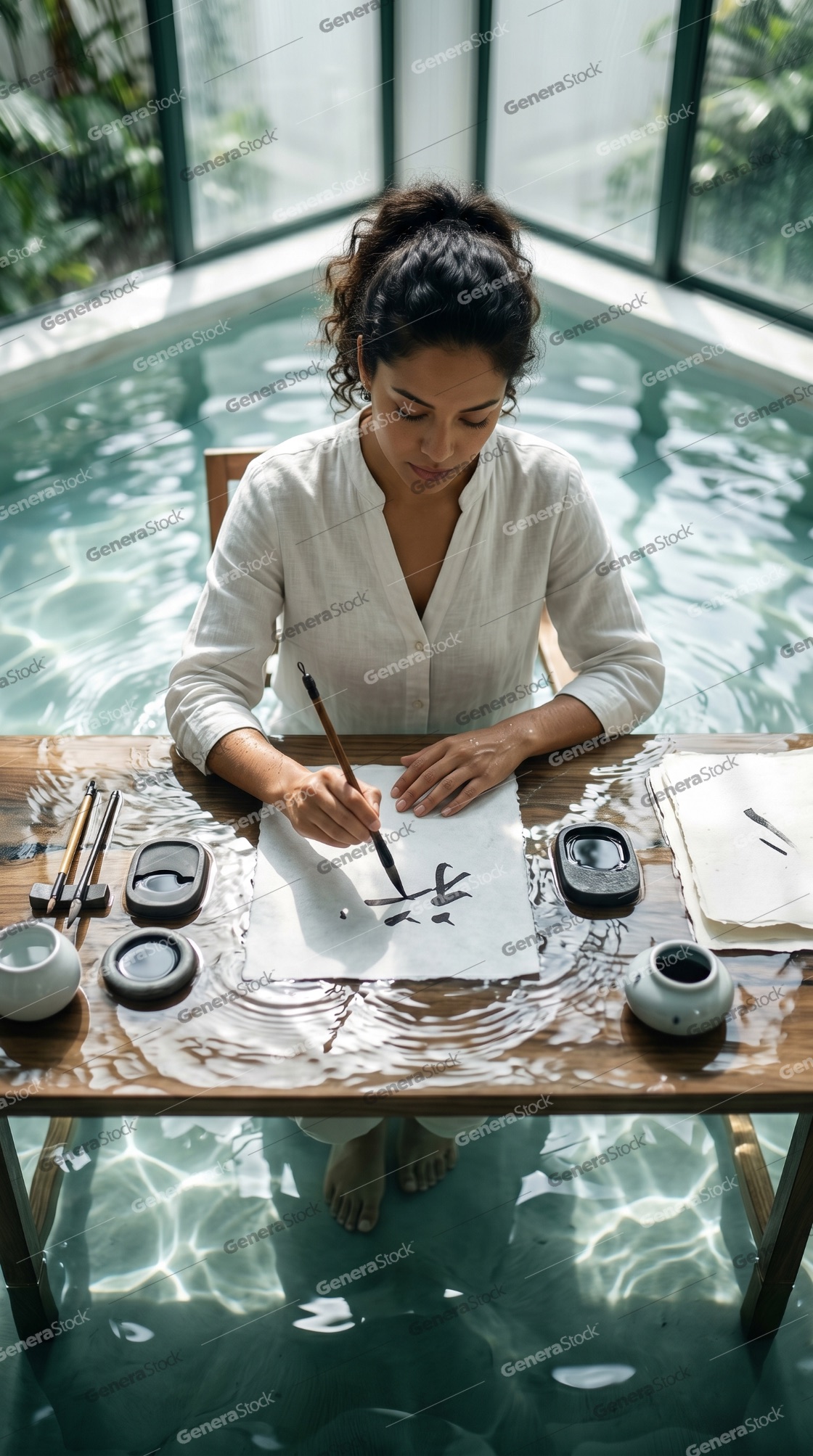 A young woman practices traditional calligraphy at a desk submerged in clear water, creating a serene and meditative atmosphere