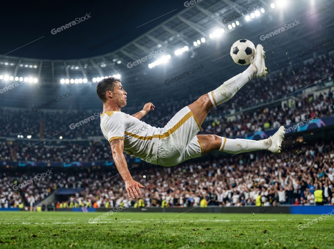 Professional Soccer Player Performing a Spectacular Bicycle Kick in a Crowded Stadium at Night
