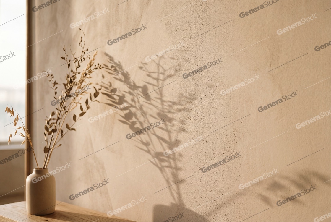Minimalist interior decor featuring dried grass in a ceramic vase casting a soft shadow on a textured beige wall under warm sunlight