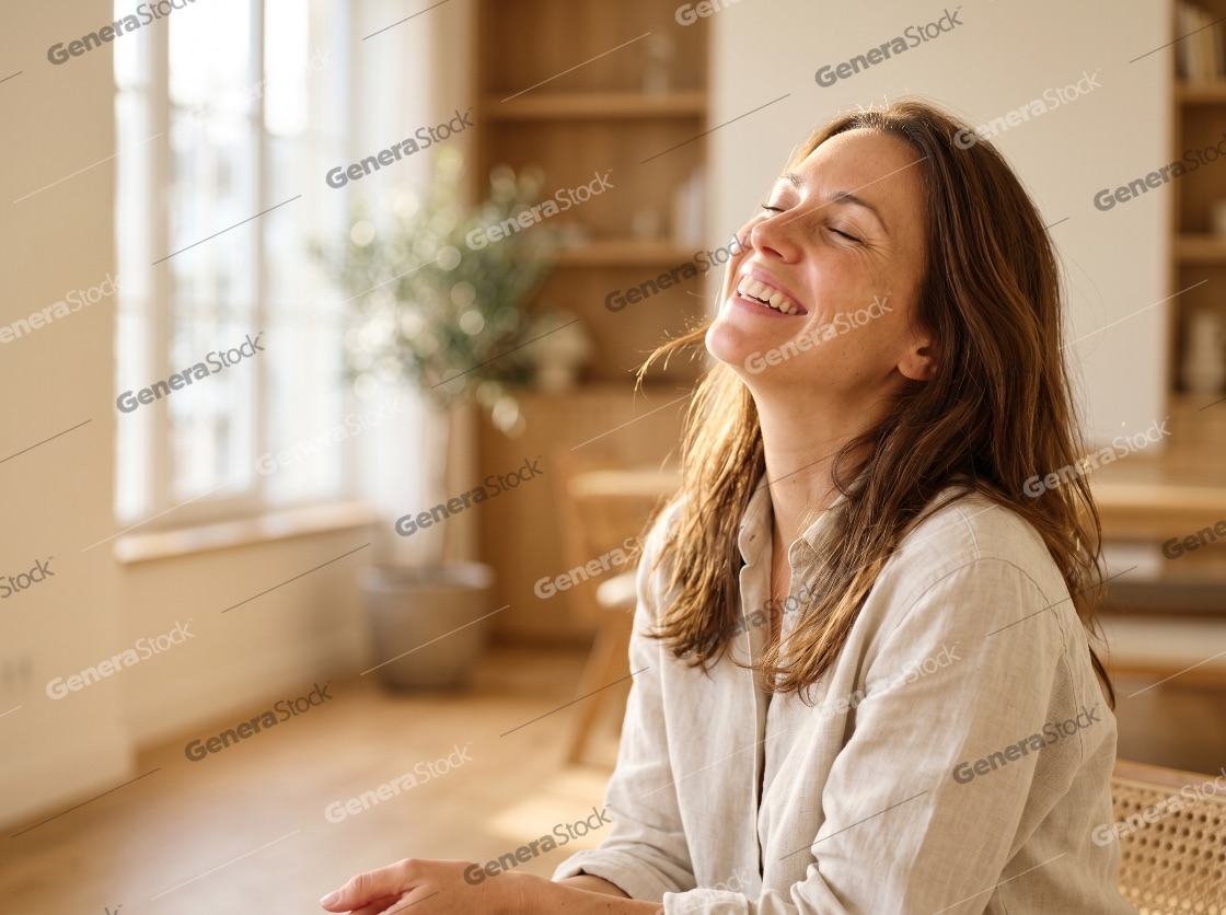 Happy Woman Laughing with Eyes Closed in Sunlit Modern Room