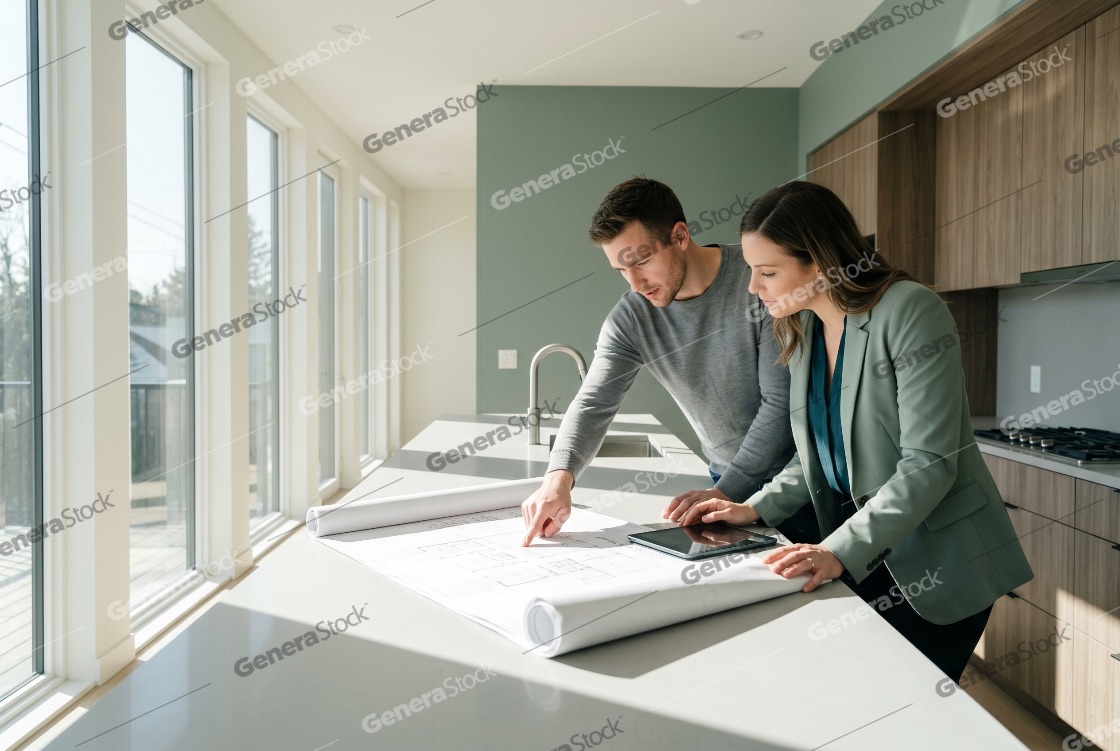 Professional Architect and Client Reviewing Blueprints for Home Renovation in Modern Kitchen