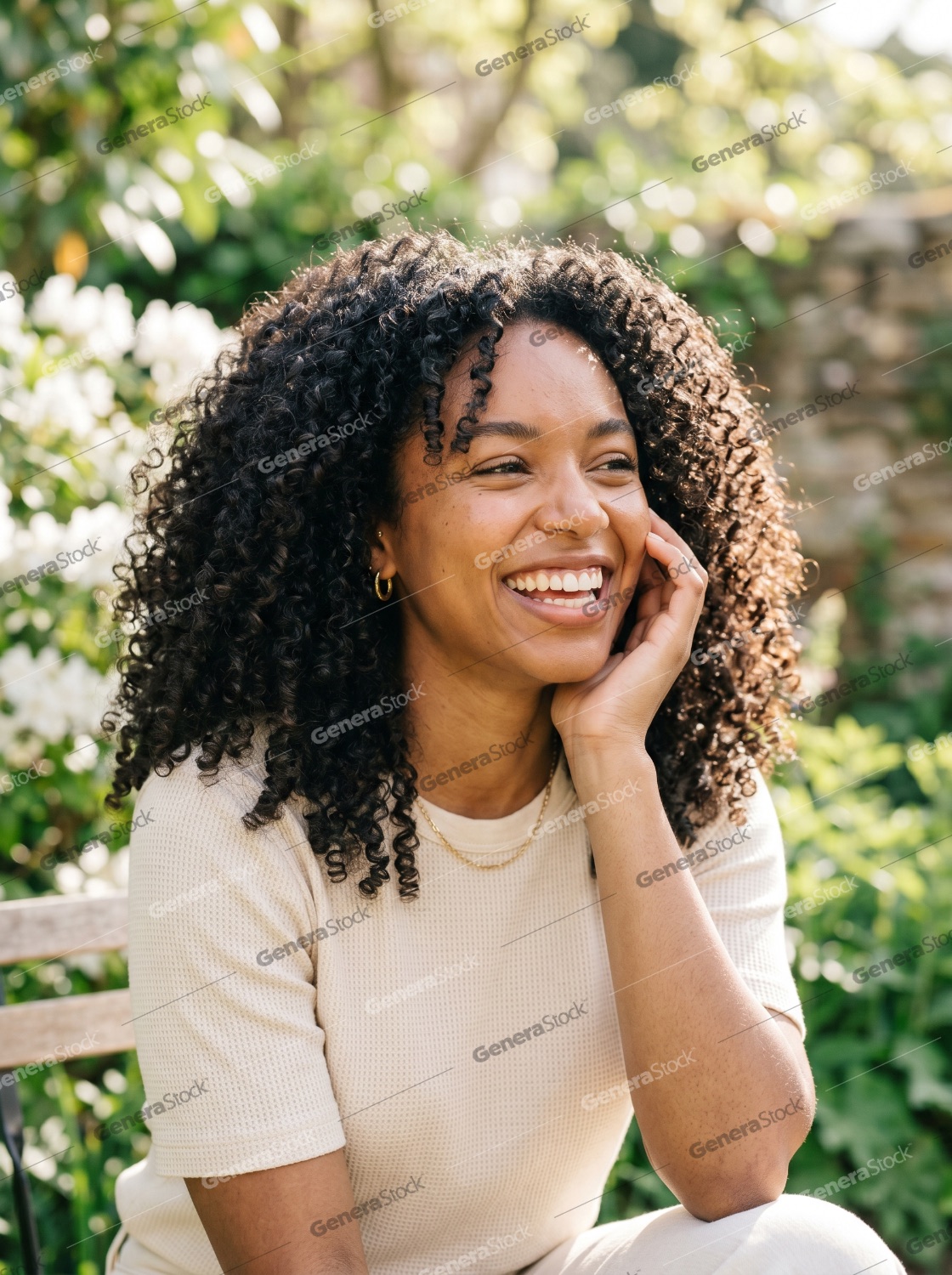 Portrait of a Happy Young Black Woman with Curly Hair Laughing in a Sunny Garden