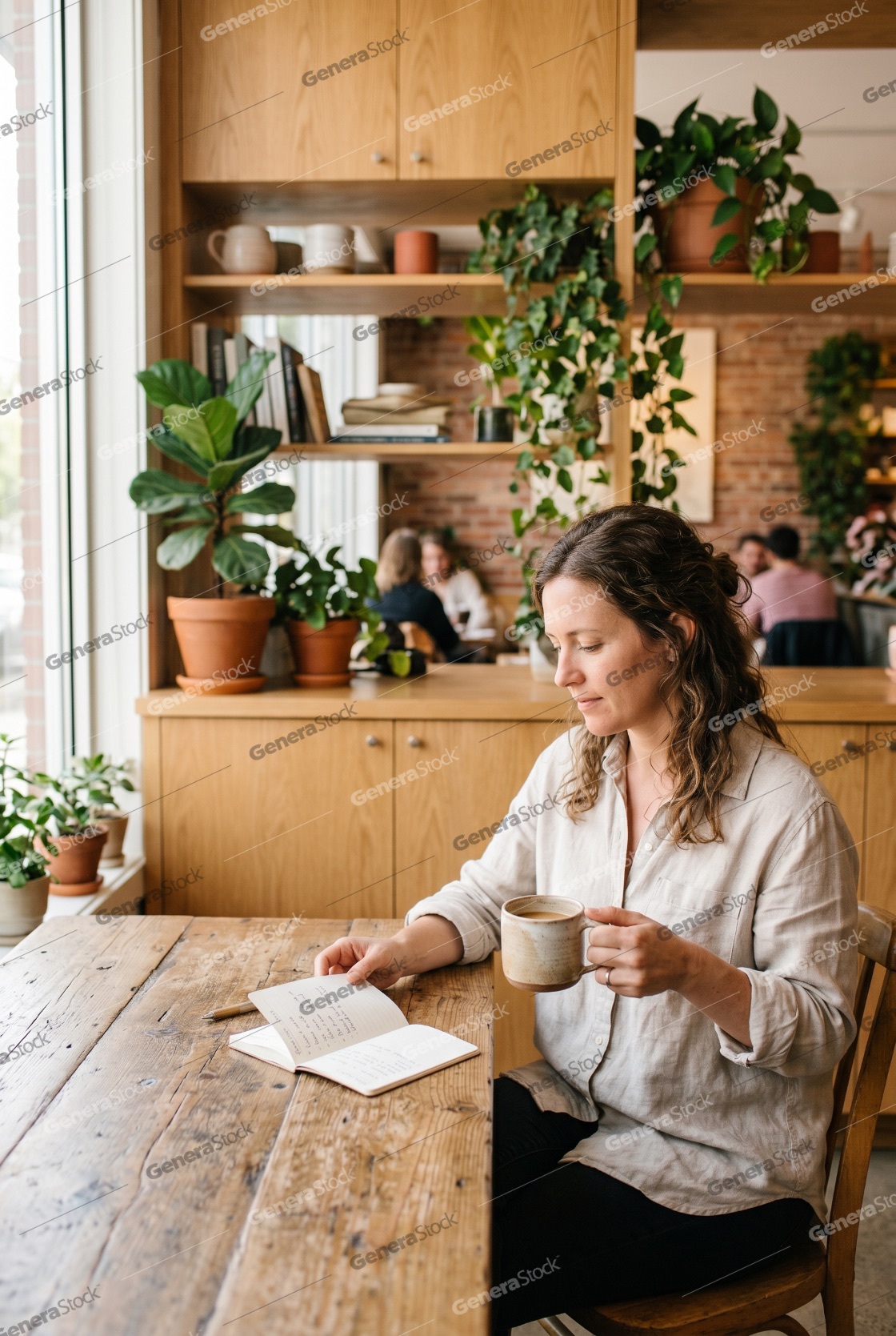 Young woman sitting at a rustic wooden table in a cozy cafe, reading a journal and holding a cup of coffee while surrounded by indoor plants