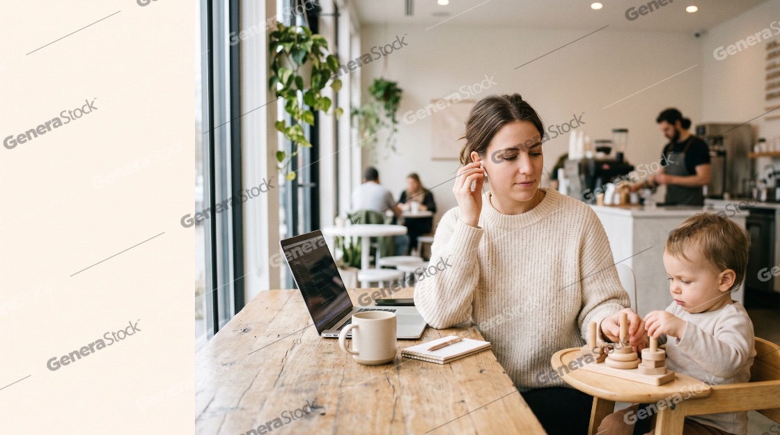 Young mother working on laptop in a modern cafe while her toddler plays with wooden toys nearby