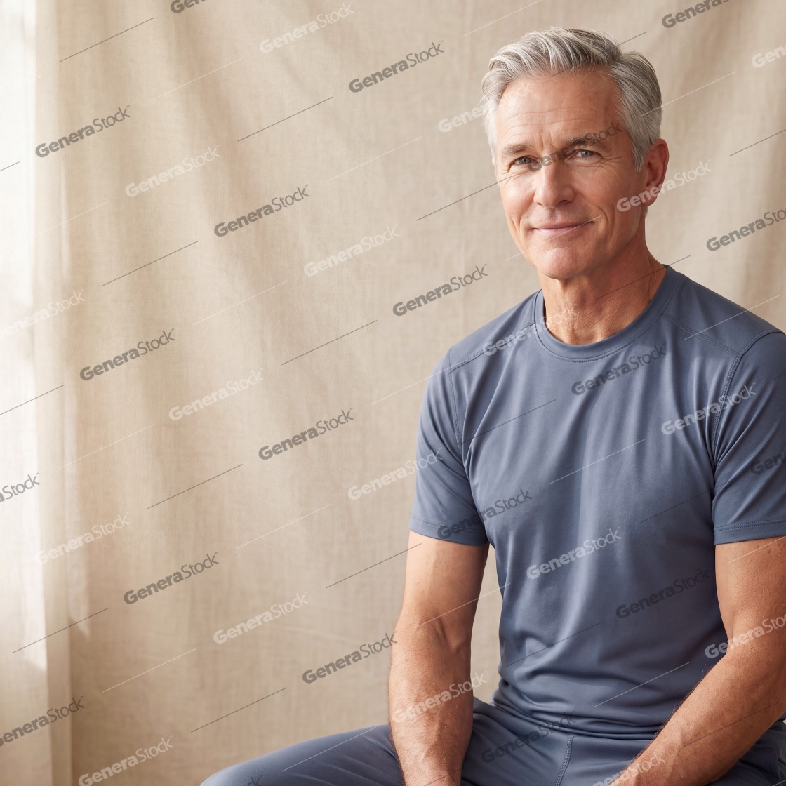 Portrait of a handsome middle-aged man with grey hair wearing blue athletic wear, sitting in a bright room with a neutral fabric background, looking at the camera with a friendly smile