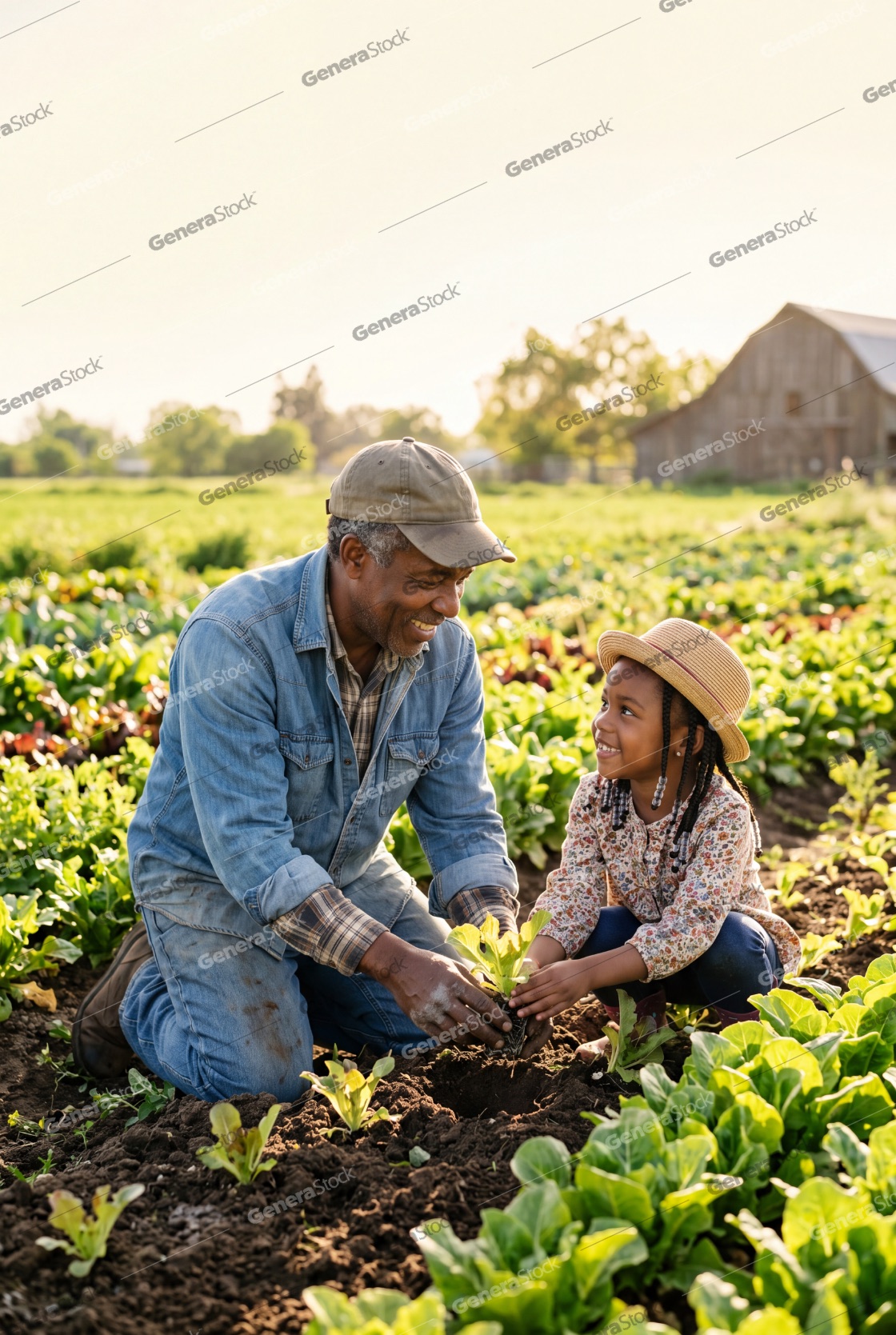 Happy African American grandfather and granddaughter planting a seedling in a farm field at sunset