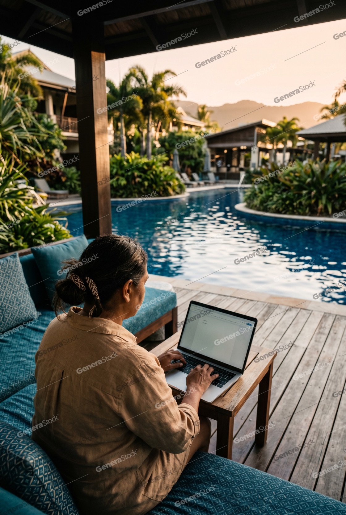 Digital nomad woman working on a laptop by a luxury swimming pool at a tropical resort during sunset