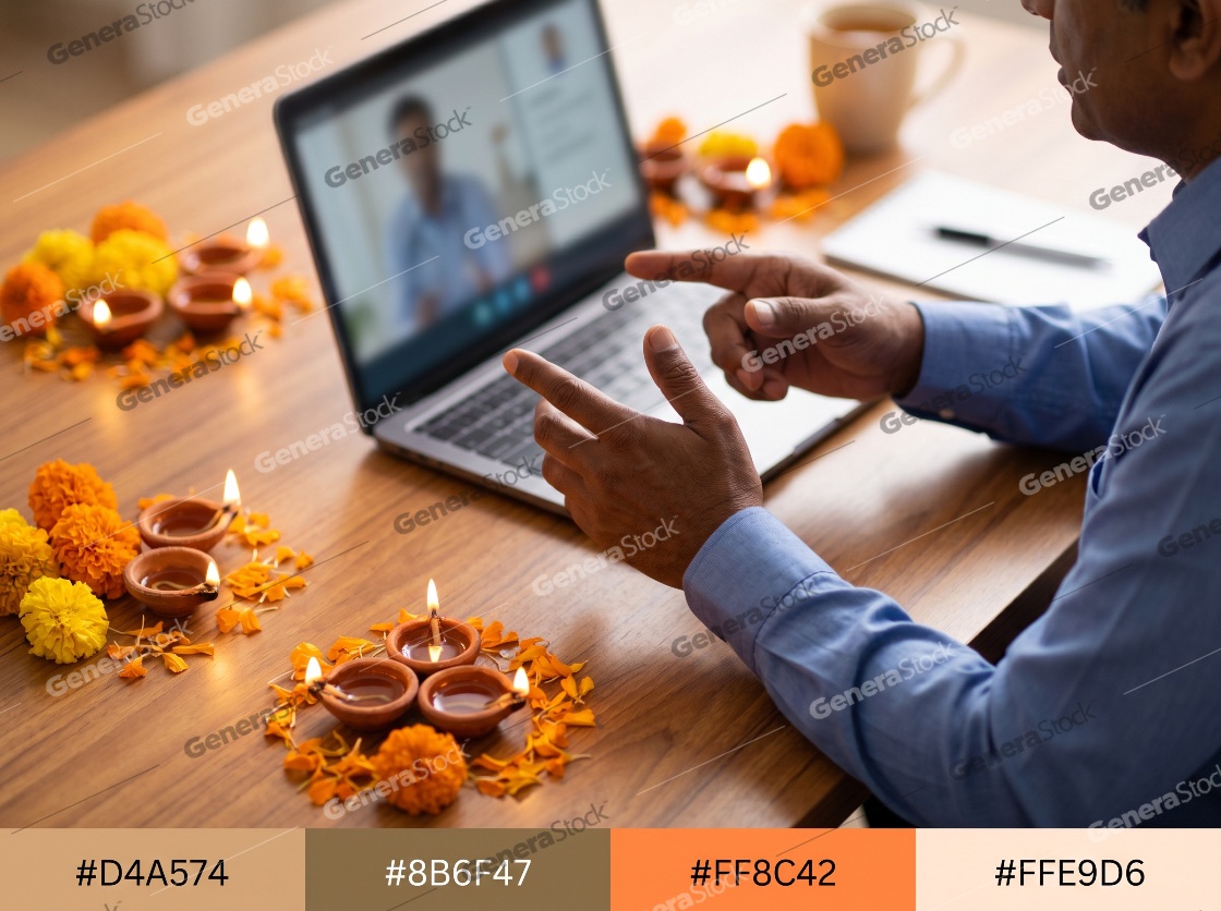 Indian man having a virtual Diwali celebration or business meeting on a laptop with traditional decorations