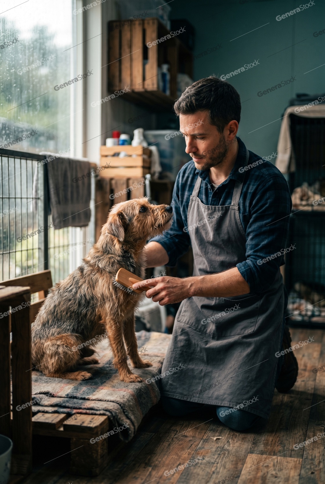 Professional Male Groomer Brushing a Scruffy Terrier Dog in a Rustic Pet Salon