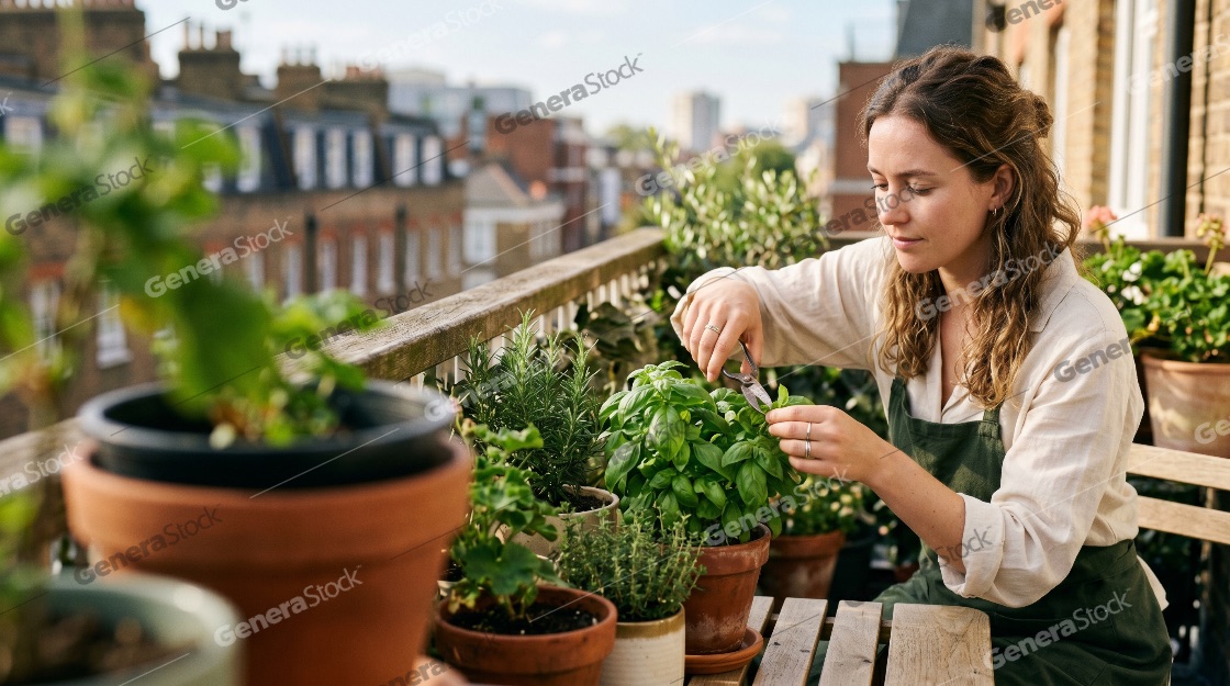 Young woman pruning fresh basil plants in her urban balcony garden