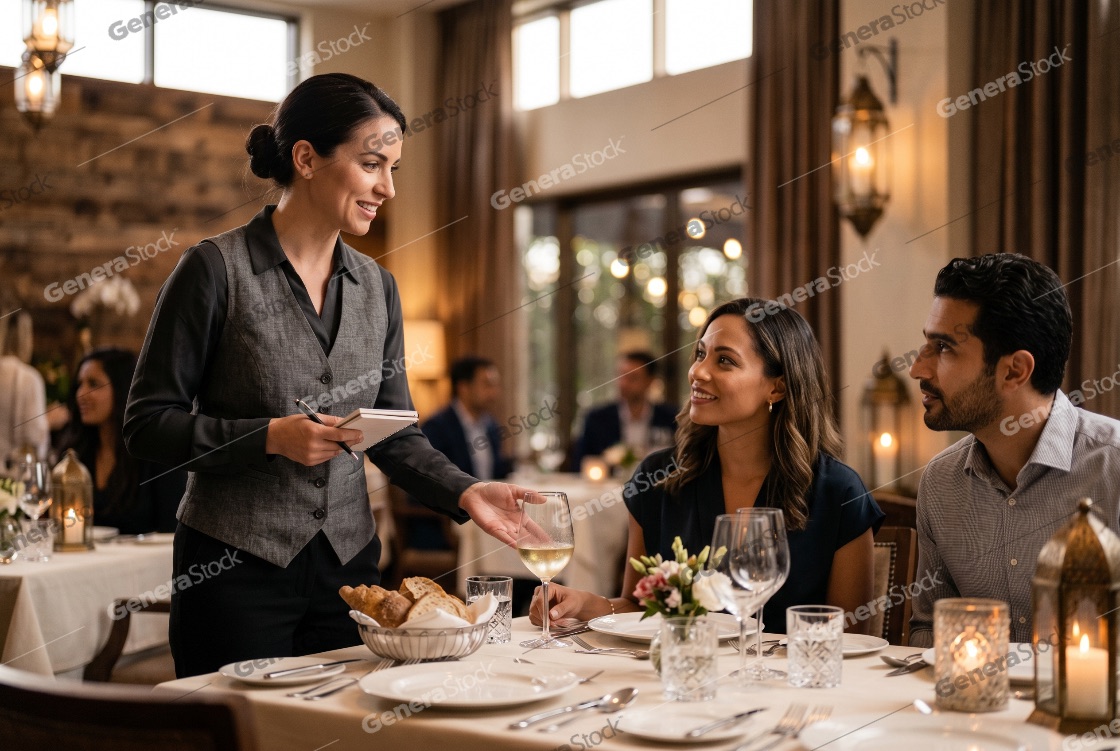 Professional waitress taking an order from a happy couple during a romantic dinner at an elegant, upscale restaurant