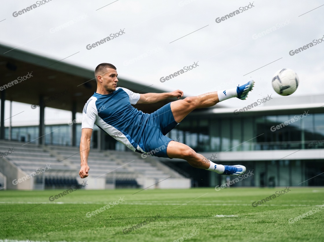 Professional soccer player performing an acrobatic bicycle kick on a green field at a stadium