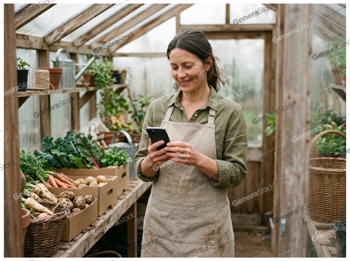 Smiling Female Gardener Using Smartphone in a Rustic Greenhouse with Fresh Harvested Vegetables