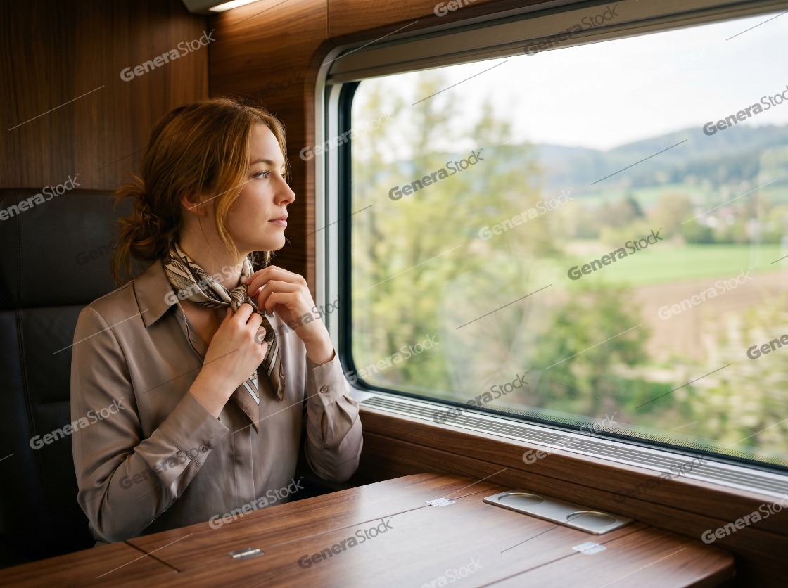 Sophisticated young woman adjusting her silk scarf while traveling on a modern train and looking out the window