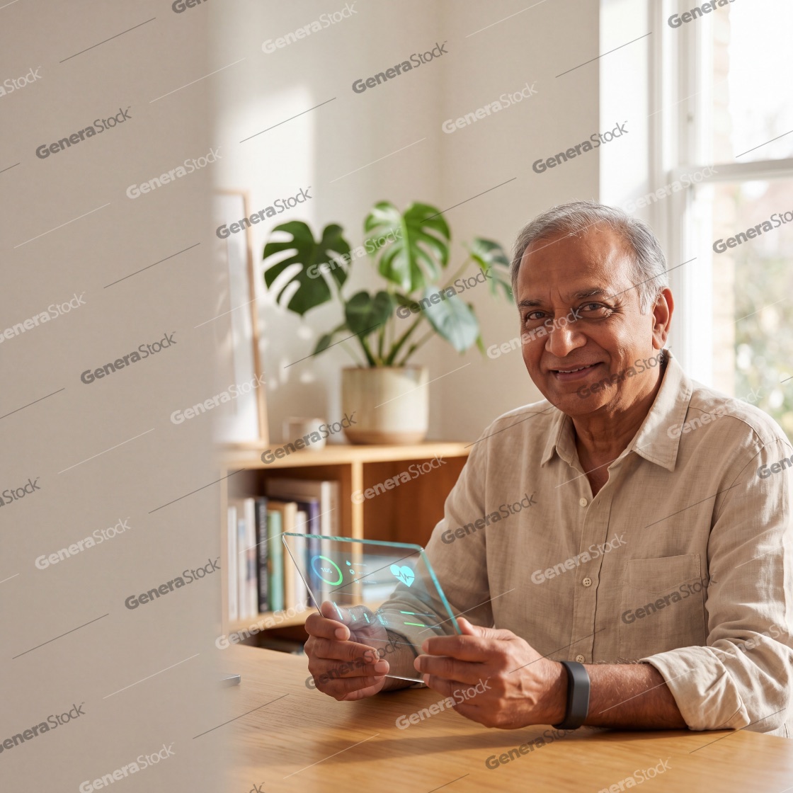 A smiling senior Indian man sits at a desk in a bright home office, holding a futuristic transparent glass tablet displaying real-time health data and medical statistics for digital wellness