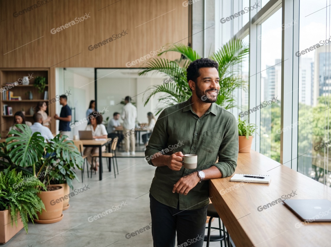 Smiling professional man holding a coffee cup and looking out the window in a bright, modern open-plan office