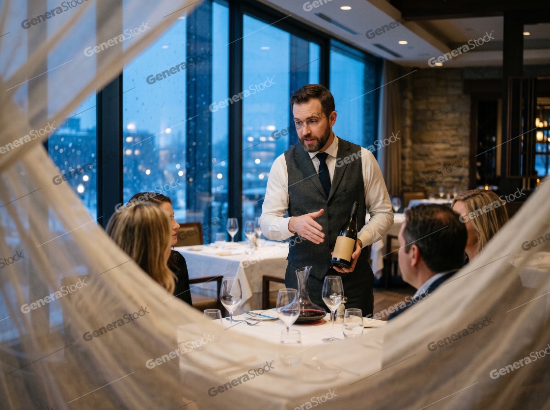 Professional Sommelier Presenting a Bottle of Wine to Guests in a Luxury Restaurant