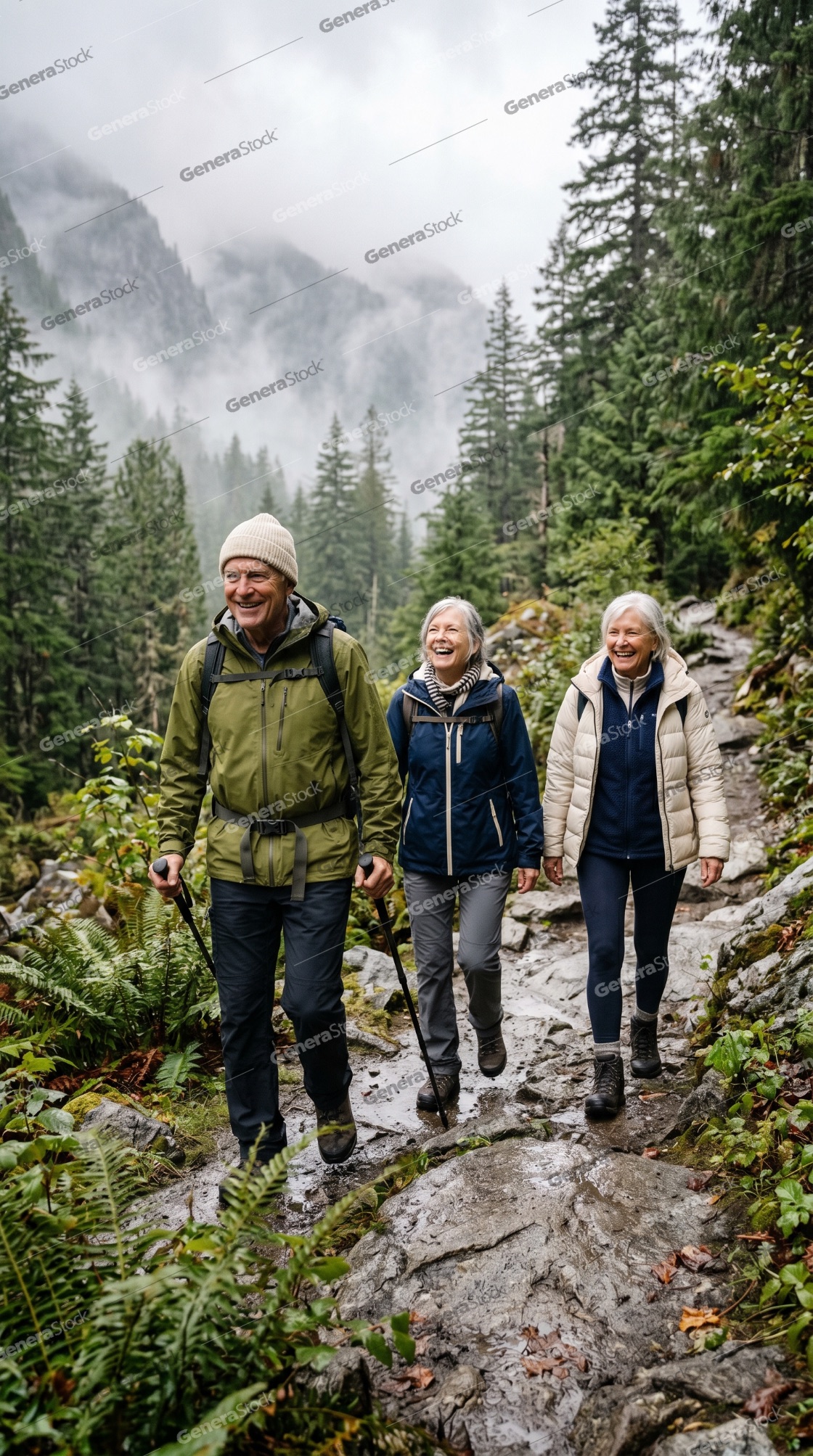 Group of happy active senior friends hiking on a rocky trail in a misty pine forest