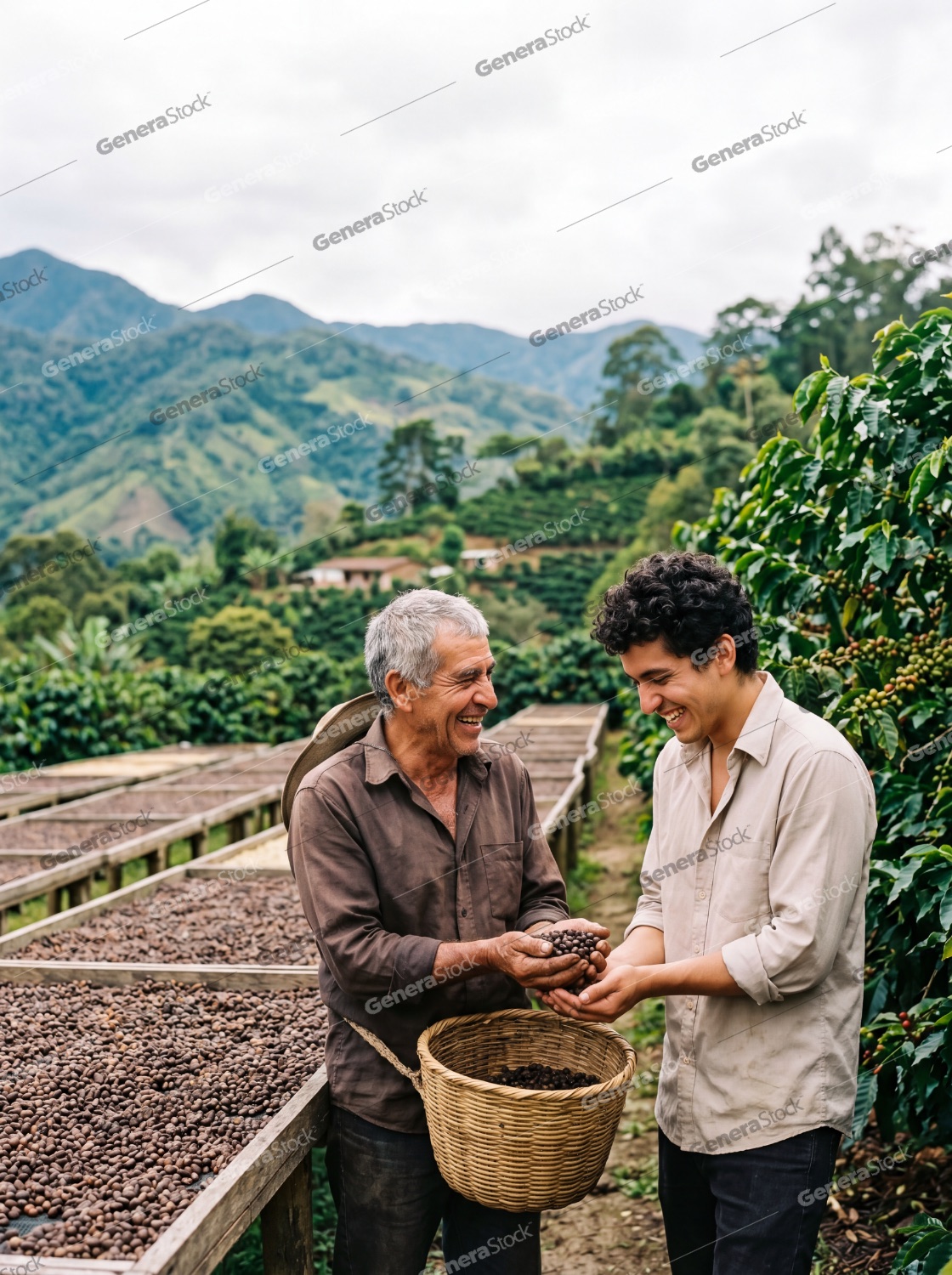 Two coffee farmers, an older man and a younger man, smiling while inspecting harvested coffee beans on a plantation in the mountains