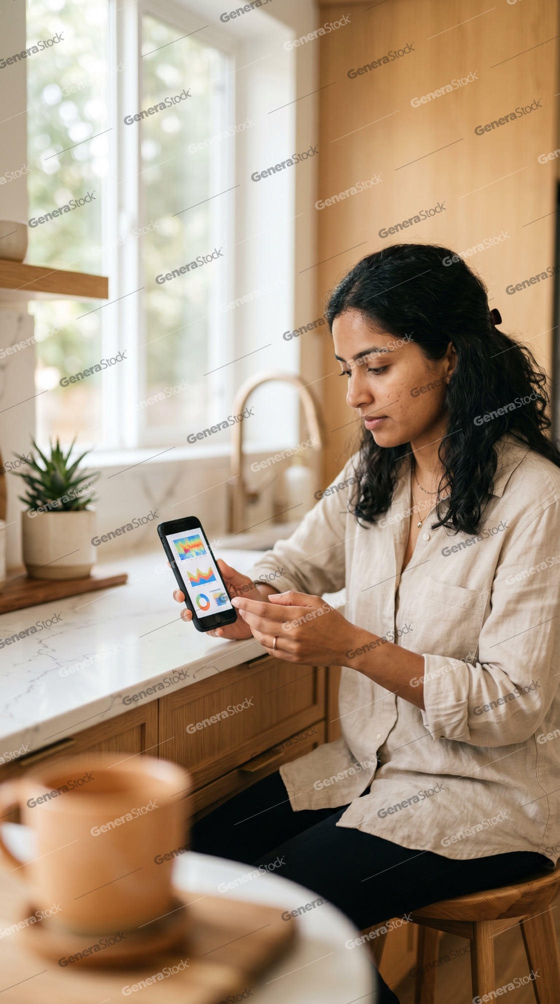 Young Woman Analyzing Financial Charts and Data on Smartphone in Modern Kitchen