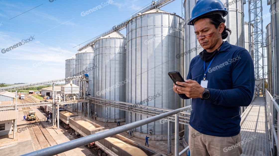 Indigenous worker in hard hat using smartphone at a large grain silo facility