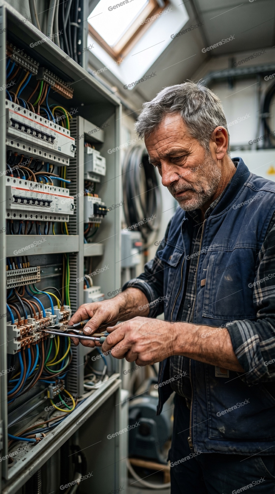 Professional senior electrician working on a complex electrical control panel with circuit breakers and colorful wiring