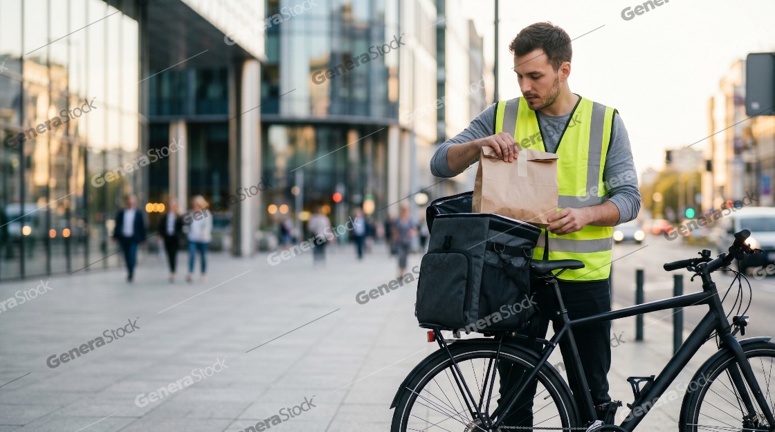 Professional bicycle delivery courier in a high-visibility vest taking a food order out of a thermal bag on a modern city street