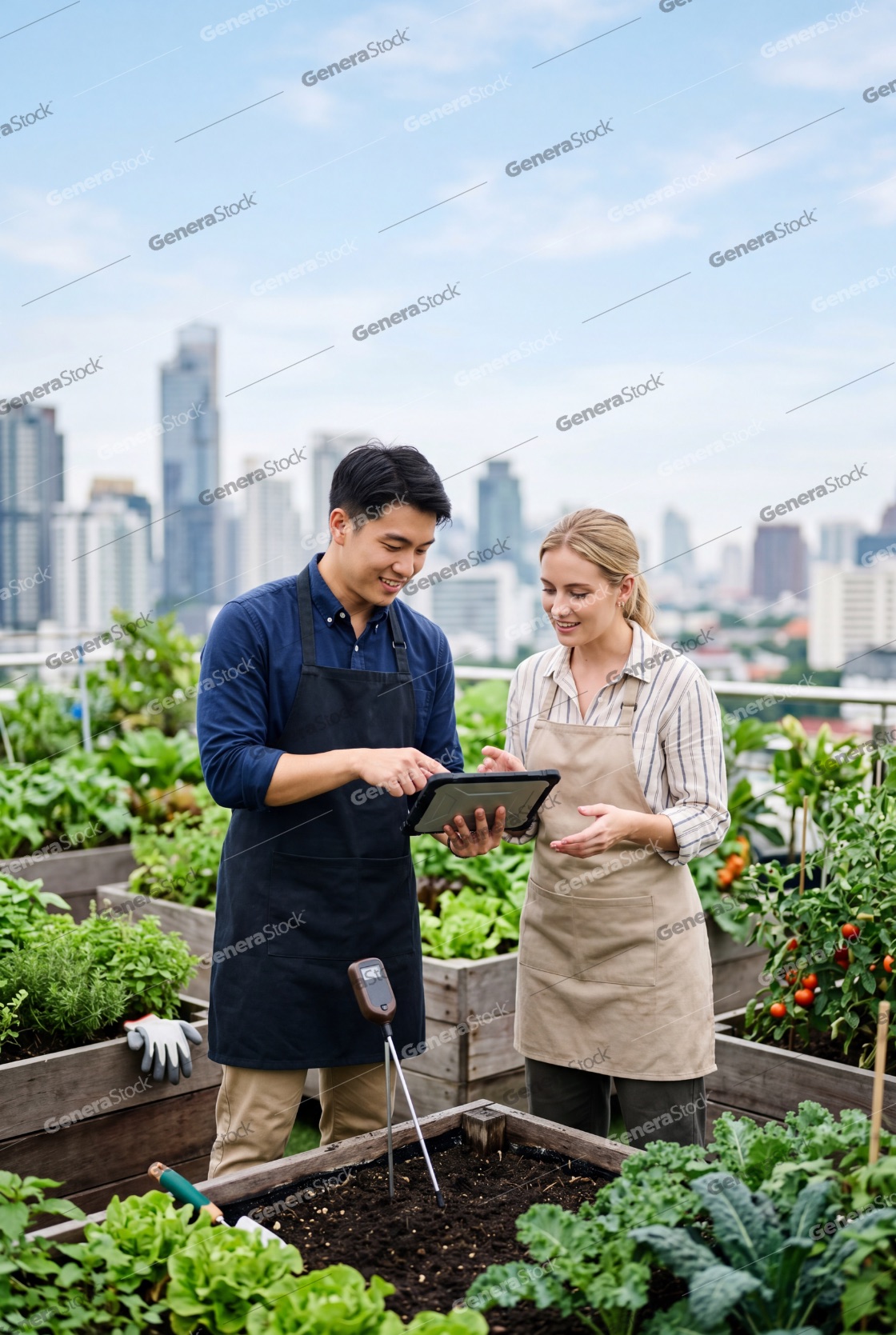 Two diverse gardeners using a digital tablet to monitor plant growth in an urban rooftop garden with city skyline background