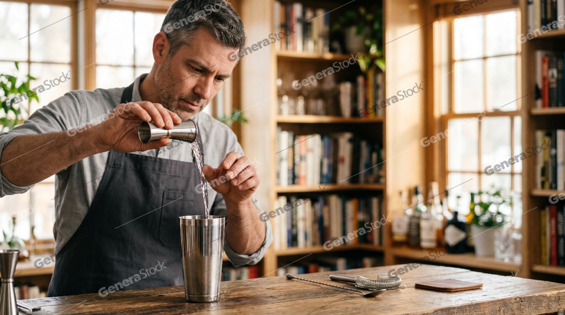 Professional bartender or mixologist pouring liquid from a jigger into a shaker at a home bar with bookshelves in the background