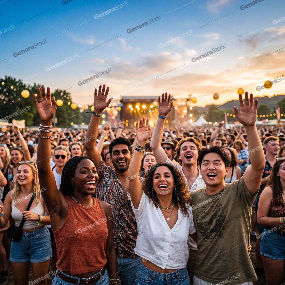 Happy diverse group of friends cheering with hands raised at an