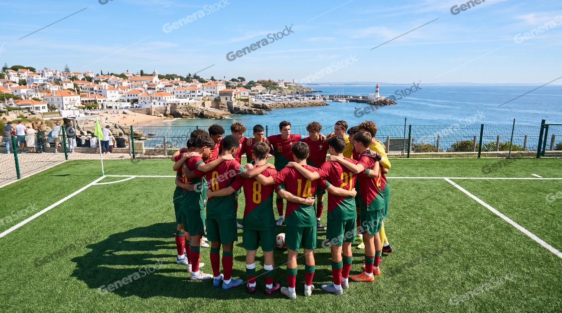 Youth Soccer Team in a Huddle on a Scenic Coastal Field Overlooking the Ocean