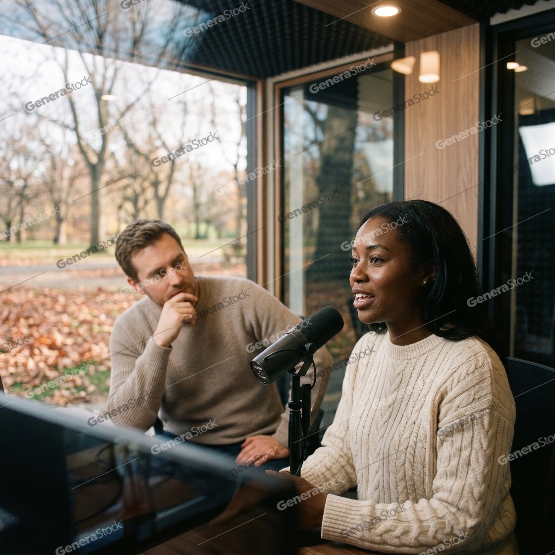 Young African American Woman Recording a Podcast with a Colleague in a Modern Studio