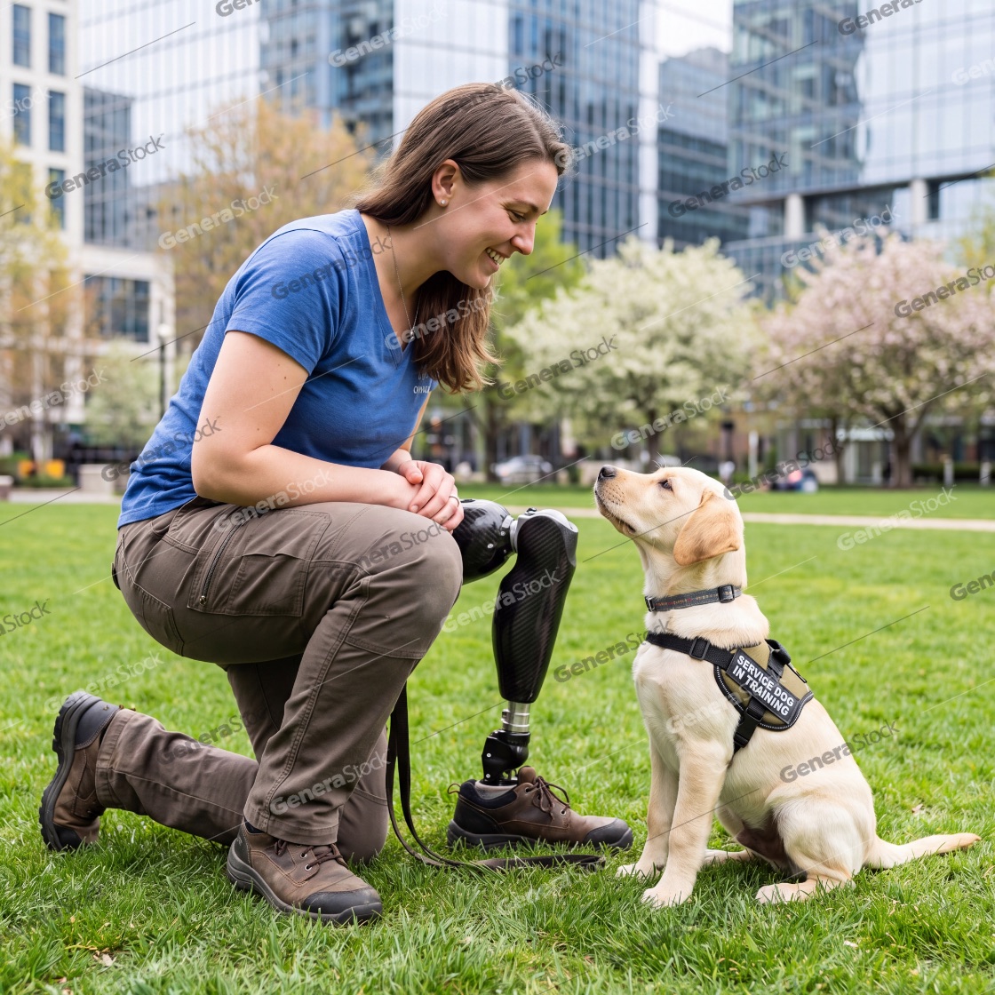 A smiling woman with a prosthetic leg kneeling in an urban park while training a yellow Labrador puppy wearing a service dog in training vest against a backdrop of modern glass buildings