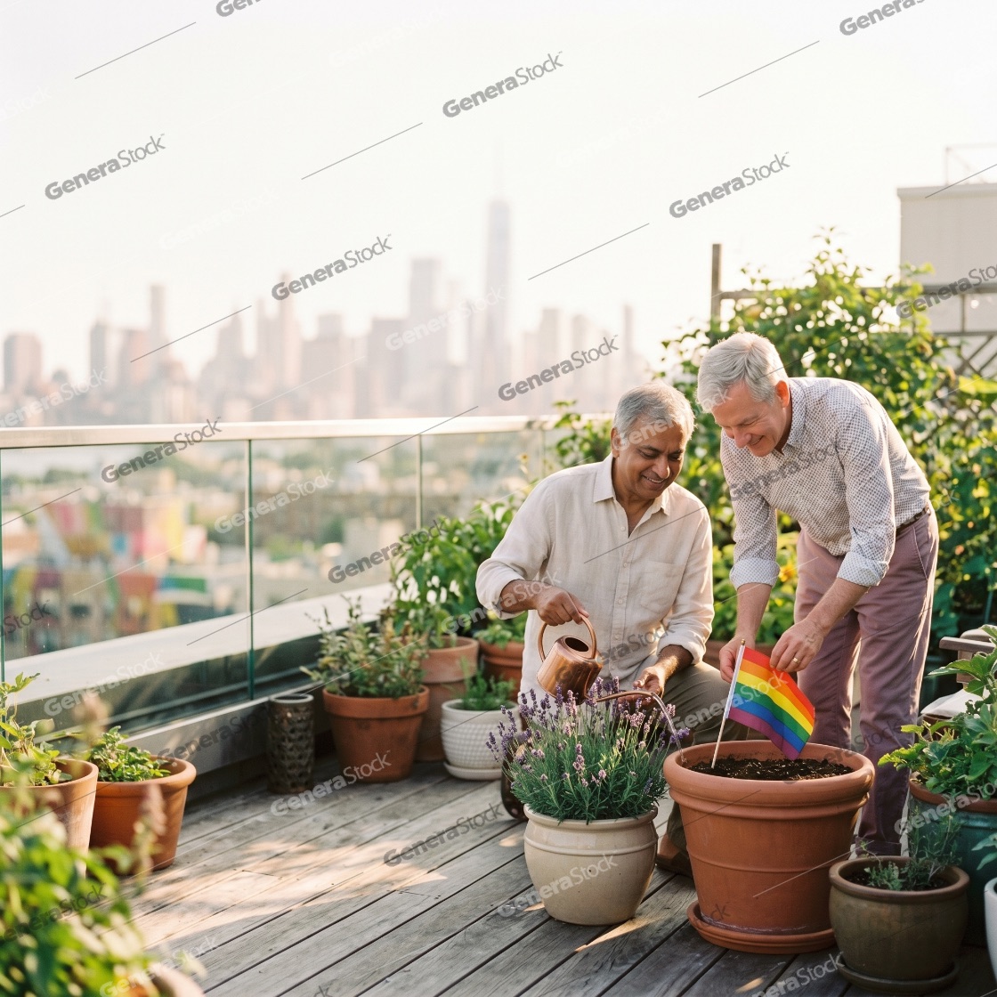 Senior Gay Couple Gardening on a Rooftop Terrace with City Skyline Background