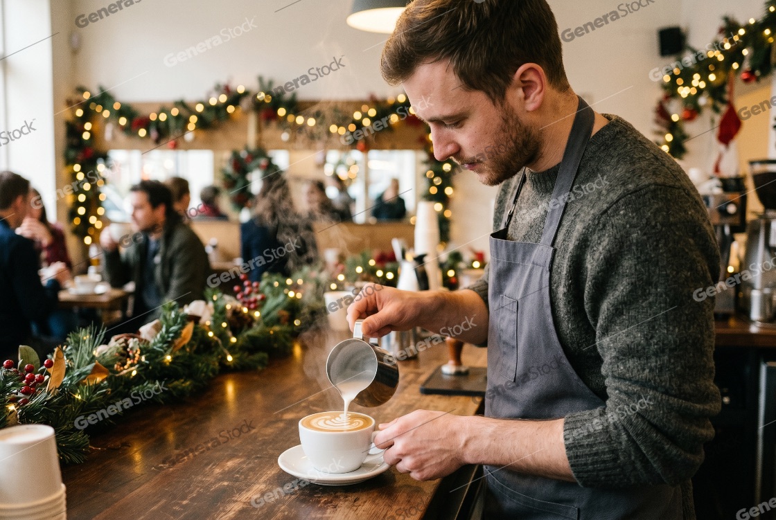 Professional Barista Pouring Steamed Milk for Latte Art in a Festive Christmas Decorated Cafe
