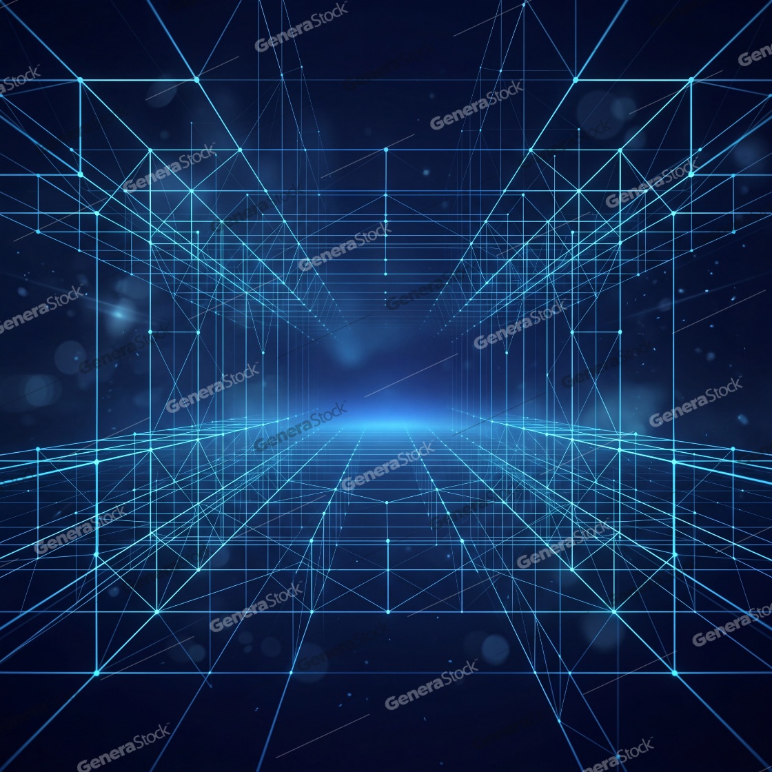 Futuristic blue digital wireframe tunnel with glowing geometric lines and nodes representing big data and cyber space