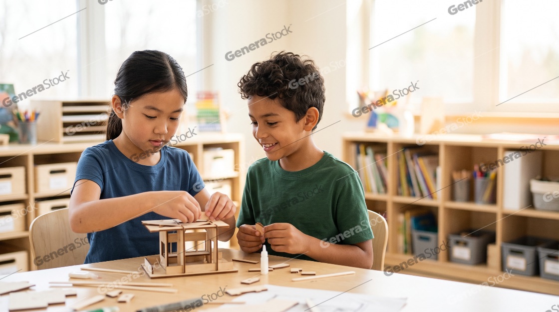 Two diverse elementary students, an Asian girl and a mixed-race
