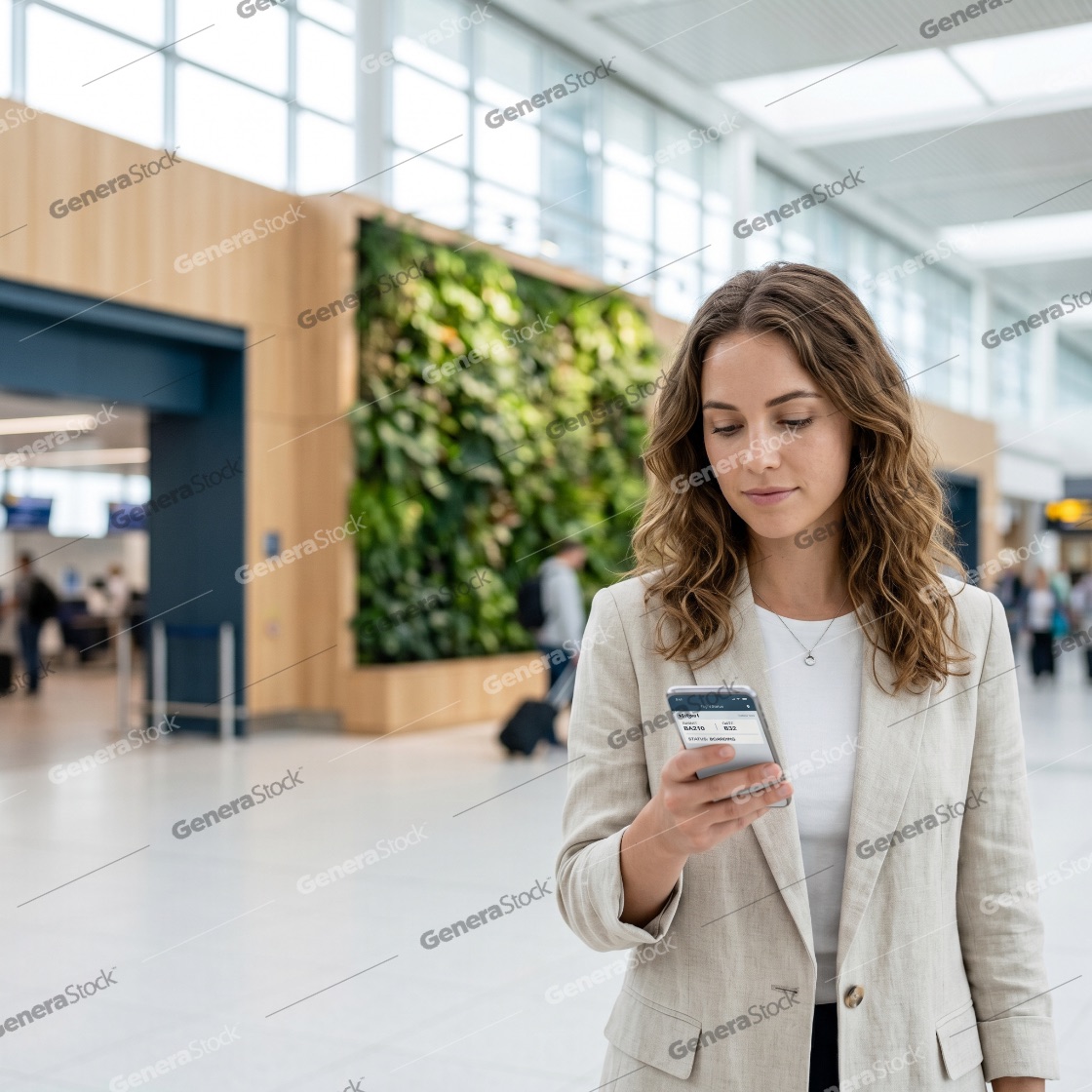 Young professional woman checking her flight status on a smartphone in a modern airport terminal with a vertical garden