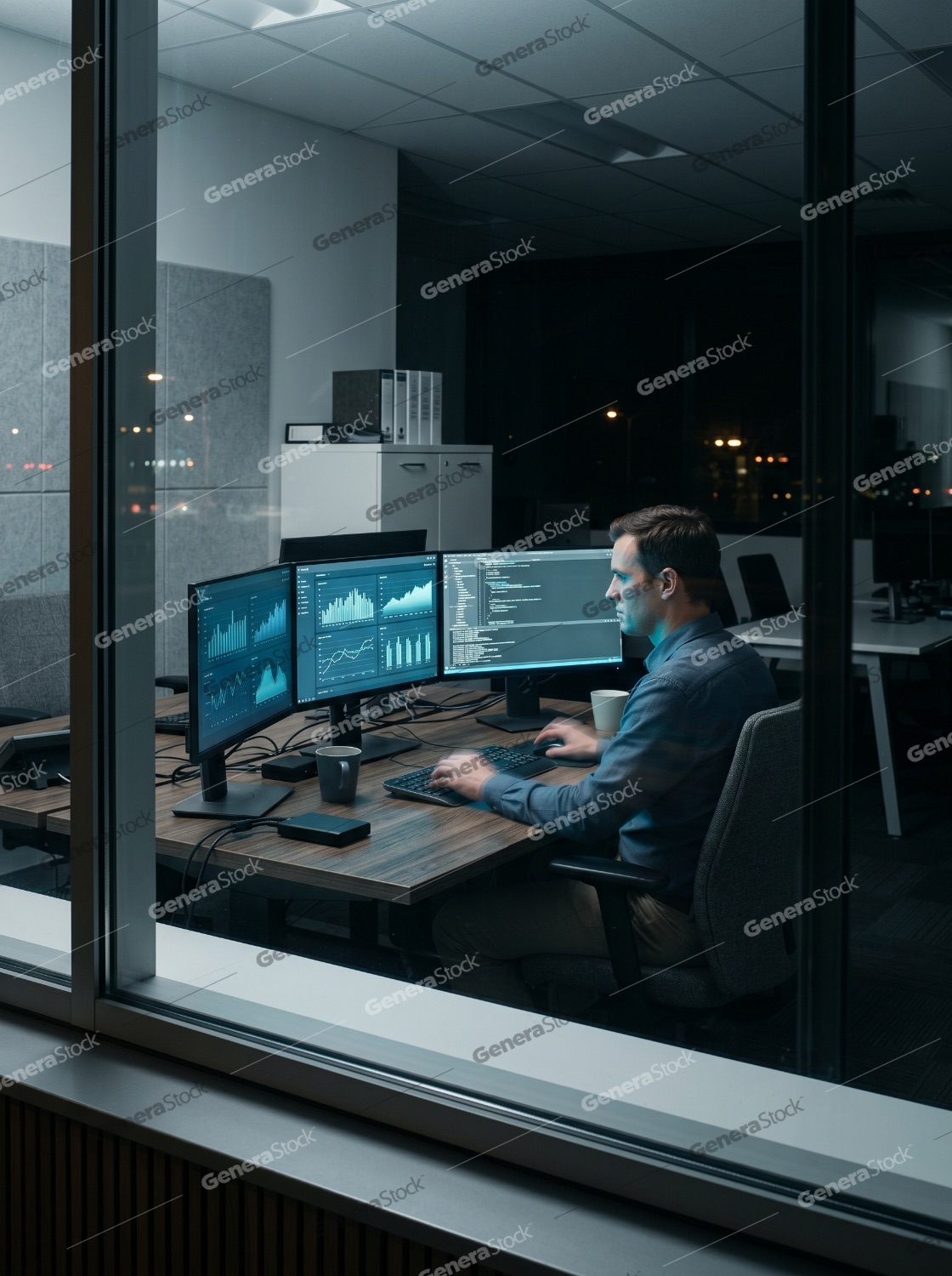 Focused male professional working late at night in a modern office, analyzing data and code on multiple computer monitors
