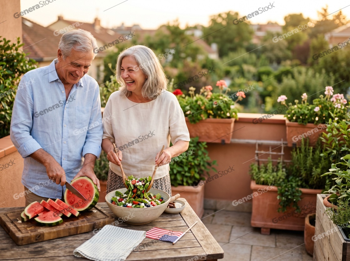 Happy Senior Couple Preparing a Healthy Summer Meal with Watermelon and Salad on an Outdoor Terrace During Sunset
