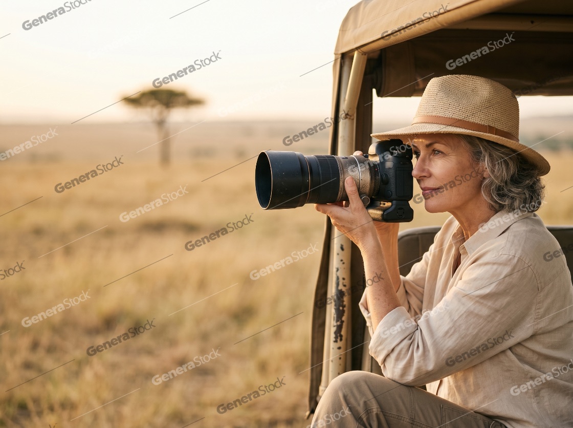 Mature woman photographer taking pictures with a professional camera during a safari adventure in the African savanna at sunset