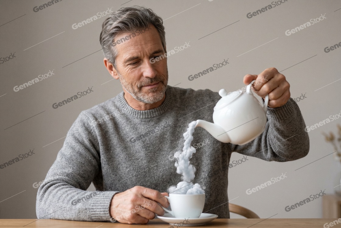 Mature man pouring fluffy white clouds from a teapot into a cup, surreal conceptual image