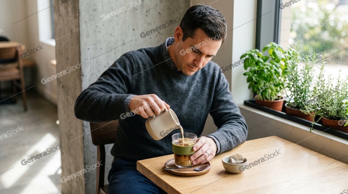Man Pouring Milk into Coffee at a Modern Cafe Table