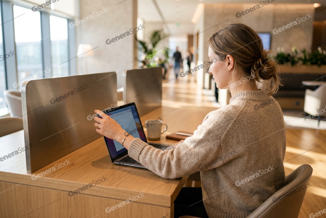 Young professional woman working on a laptop at a wooden desk in a bright, modern coworking space or airport lounge