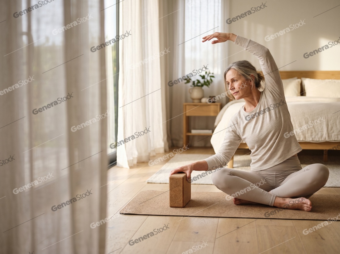 Mature Woman Practicing Yoga Side Stretch with Cork Block in Bright Minimalist Bedroom