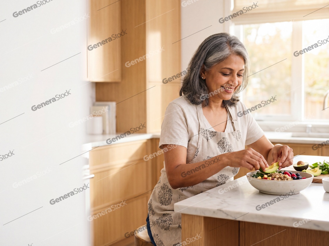 A happy mature Indian woman with grey hair prepares a healthy salad with avocado and quinoa in a bright modern kitchen, smiling while focusing on her nutritious meal preparation at home