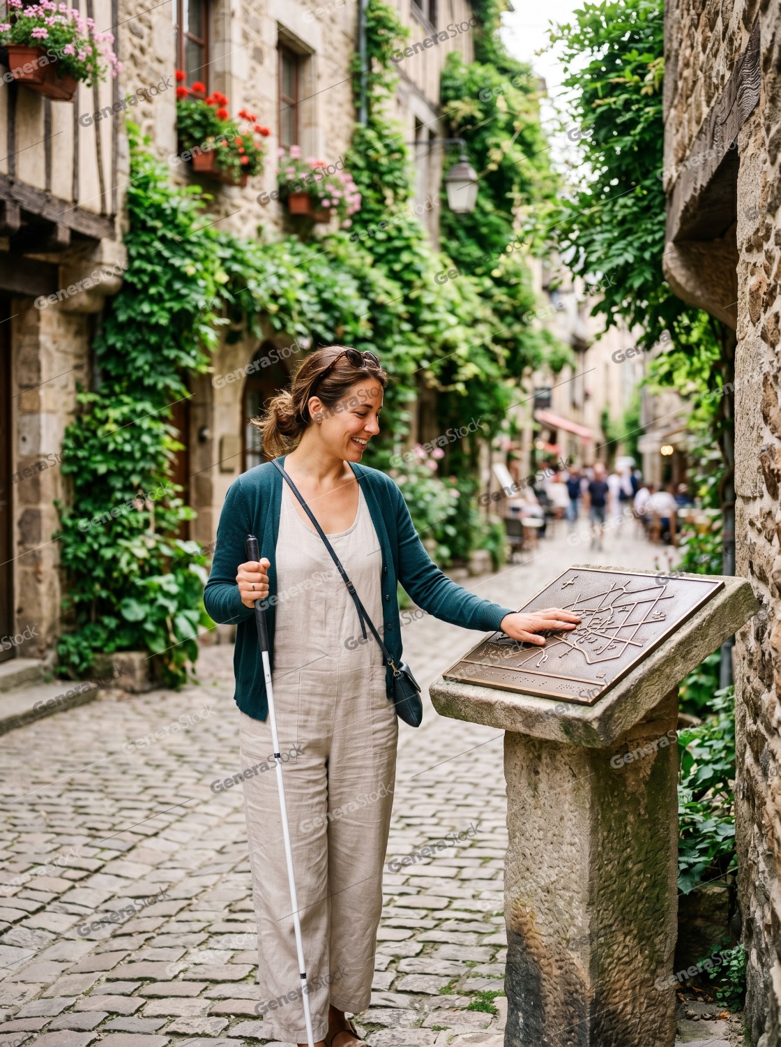 Smiling visually impaired woman using a white cane and reading a tactile braille map on a stone pedestal in a picturesque European village