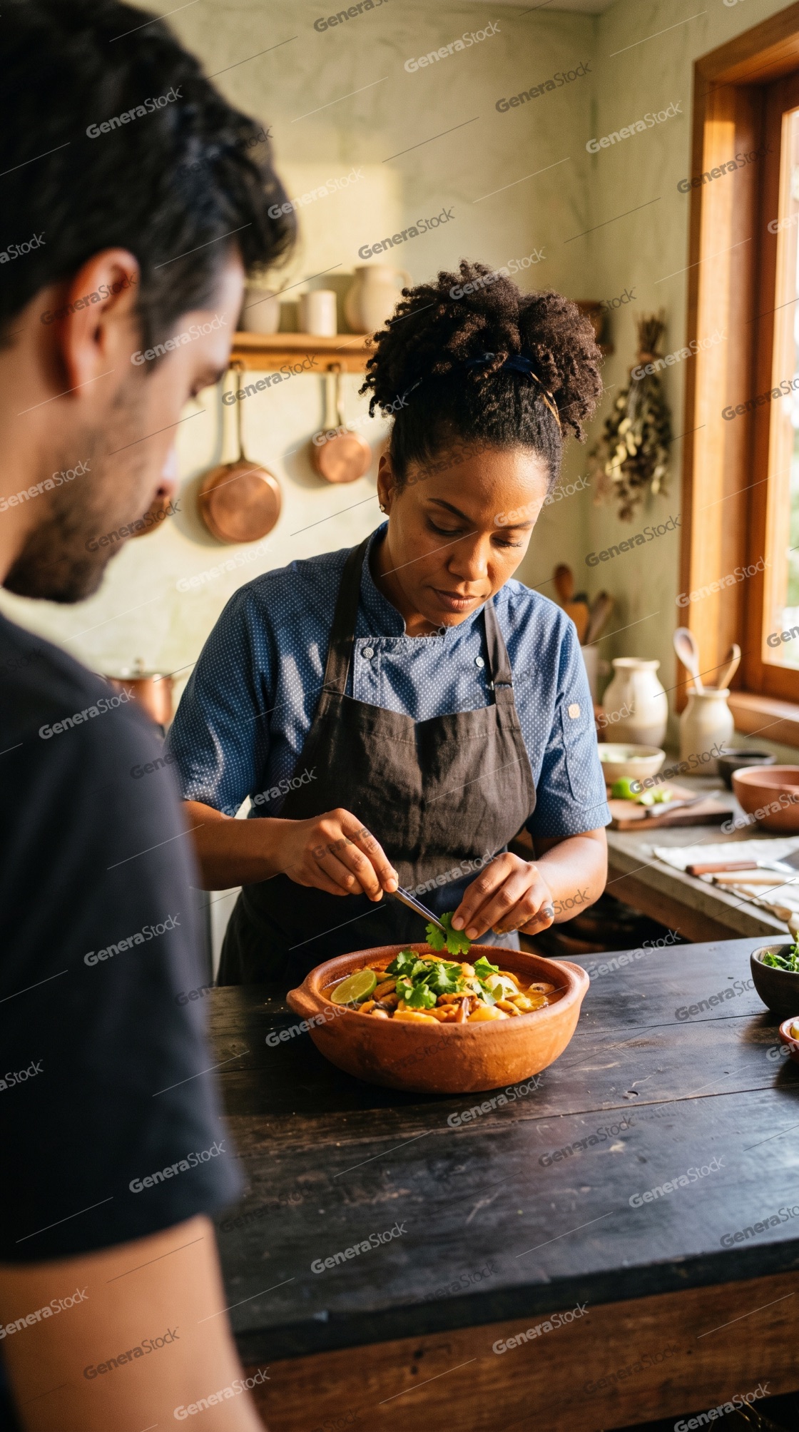 Focused female chef garnishing a delicious traditional stew with