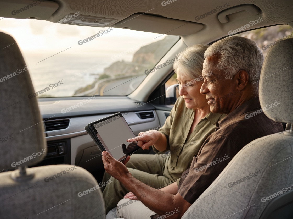 Happy senior interracial couple using a digital tablet while traveling by car on a scenic coastal road trip