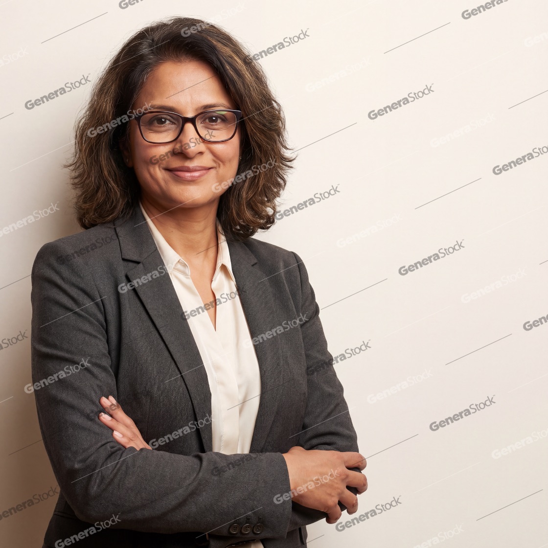 Confident middle-aged South Asian businesswoman wearing a grey suit and glasses, standing with arms crossed against a neutral background, representing professional leadership and corporate success